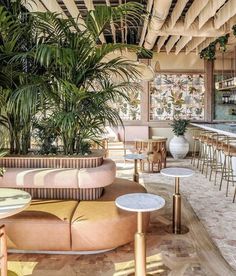 an image of a restaurant and lounge with palm trees in the backgrounge