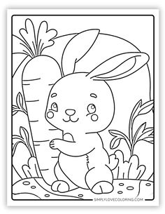 a coloring page with an image of a rabbit sitting in the grass next to a carrot