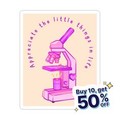 a pink sticker with the words, protect the little things in life buy 10 get 50 % off