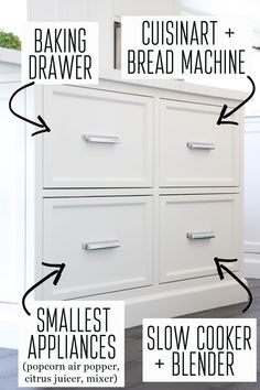 an image of kitchen drawers labeled in different ways with text overlaying the top