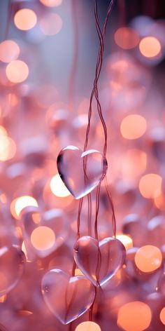 some hearts hanging from strings with lights in the background