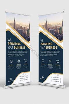 two roll up banners with cityscape in the background