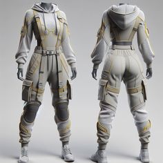 two different views of an astronaut suit, one in grey and the other in yellow