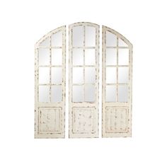 an arched window with white paint on the front and side panels, set against a white background