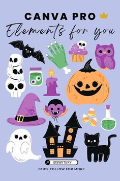 an image of halloween items with the words canva pro elements for you