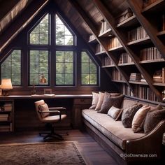 a room with a couch, chair and bookshelf full of books in it