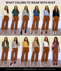 Rust Dress Pants Outfit, Cinnamon Color Pants Outfit, Rust Color Pants Outfit Fall, Rust Paperbag Pants Outfit, Rust Colored Pants Outfit Work, Outfits With Burnt Orange Pants, Colored Pants Outfits Work, Rust Orange Pants Outfit, What To Wear With Rust Colored Pants