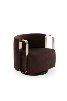 a brown chair that is sitting in front of a white wall and it's metal frame