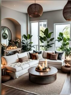 a living room filled with lots of furniture and plants on the windows sills