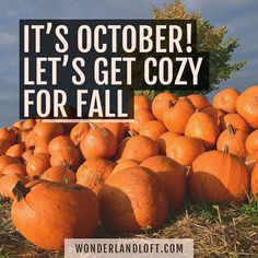 a pile of pumpkins sitting in the grass with a quote over it that reads, it's october let's get cozy for fall