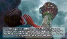 a young boy standing next to a tall tower with a quote from the movie tangled