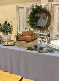 the table is set up with food and decorations