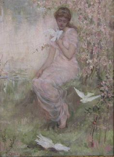 a painting of a woman sitting on the ground next to flowers and two white birds