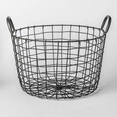 a black wire basket with handles on a white background