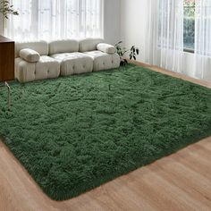 a living room with a green rug on the floor and a white couch in front of it