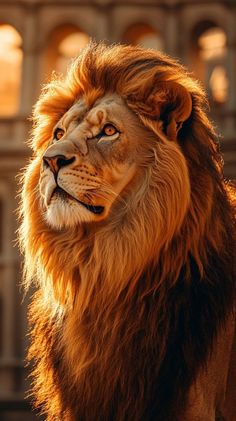 a lion standing in front of a building with an arched doorway and large, golden mane