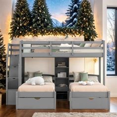 a bunk bed with two sets of drawers underneath it and christmas trees in the background