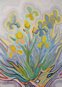 a painting of flowers in a vase with swirls on the bottom and yellow, blue, green, red, orange, and white colors