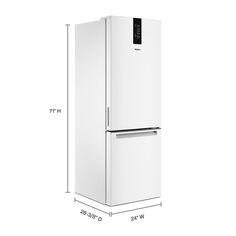 a white refrigerator freezer sitting in front of a wall with measurements for the door