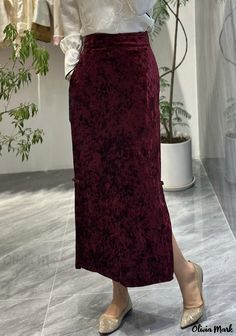 Olivia Mark - Velvet Vintage High-waisted Diamond Split Hip-hugging Skirt Velvet Midi Skirt, Wrap Around Skirt, Vintage Velvet, Types Of Skirts, Olivia Mark, Wine Red, Midi Skirt, Split, High Waisted