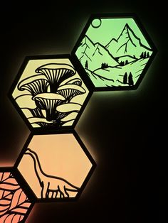 three illuminated hexagonals with plants and mountains in them