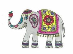 an elephant with colorful designs on it's body