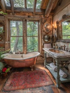 an old fashioned bathtub in the middle of a rustic bathroom with wooden walls and ceiling