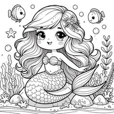 a cute little mermaid sitting on the ocean floor