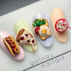 Indulge your appetite for creativity with these delectable food-inspired 3D nail ideas by @golnaznailart. From hot dogs to pizza, toast to cereal, your nails will be a feast for the eyes! Craving a nail makeover? Your journey begins at nailustrous.com! Dive into our article for a wealth of captivating nail art ideas and transform your nails into works of art! Pizza Nails Designs, Hot Dog Nails, Dessert Nail Art, Food Nails Designs, 4d Nail Art Design, Bread Nails, Pizza Nails, Dessert Nails, Nail Makeover