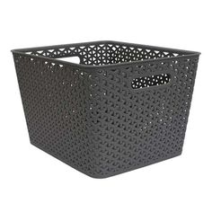 a black plastic basket with holes on the sides and handles is shown in front of a white background