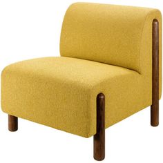 a yellow chair with wooden legs and arm rests on an isolated white background for display