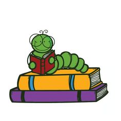 a caterpillar reading a book while sitting on top of two stacked books,