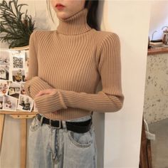 Women's Turtle Neck Thumb Hole Knitted Top Shoulder Width 30 Cm Bust 66 Cm Sleeve Length 62 Cm Length 71cm Tan Turtleneck Outfits, Turtle Neck Sweater Outfit, Turtle Neck Outfit Women, Korean Fashion Fall, Full Sleeve Top, Turtleneck Outfit, Turtleneck Sweaters, Knitted Top, Turtleneck Sweater