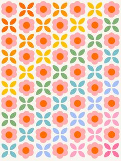 an abstract flower pattern with different colors and shapes on white paper, in the shape of flowers