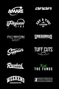 the logos for different types of clothing and accessories are shown in white on black background