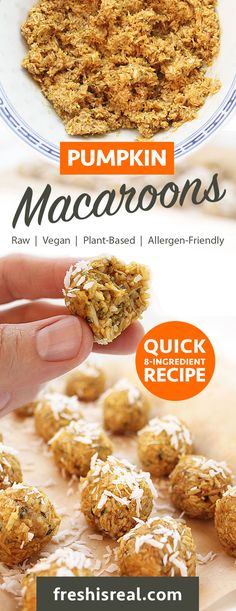 pumpkin macaroons with coconut on the side and text overlay that reads, quick recipe for pumpkin macaroons