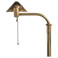 a brass colored metal pole with a triangle shaped light fixture on the end and a chain hanging from it's side