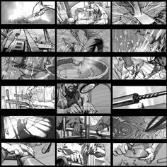 the storyboard shows different scenes in black and white, as well as an animation strip