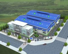 an artist's rendering of a building with blue roof and white fenced in area