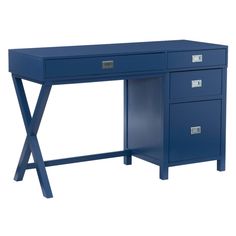 a blue desk with two drawers on each side and one drawer at the top that is open