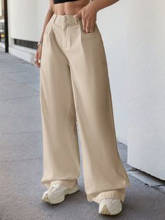 Cargo Vintage Oversize Wide Leg  Pant Khaki Casual   Polyester Plain Wide Leg Non-Stretch  Women Clothing, size features are:Bust: ,Length: ,Sleeve Length: