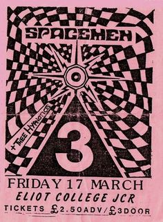 an old concert poster with the number three in black and white, on pink paper