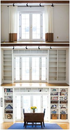 the before and after shots of a living room with built - in bookshelves