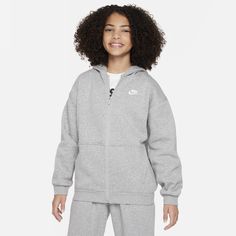 Everyone loves a soft, roomy hoodie. This oversized full-zip has plenty of space through the arms and body, giving you a comfy and relaxed feel. A classic for a reason, the embroidered Futura logo on the chest adds signature Nike style. Grey Nike Jacket, Nike Hoodies, Nike Zip Up Hoodie, Nike Sportswear Club Fleece, Kids Activewear, Nike Style, Christmas Board, Nike Zip Up, Nike Fashion