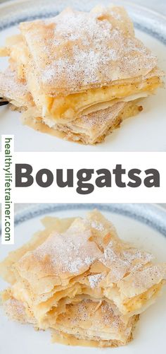 some food is sitting on a plate with the words bougatsa above it