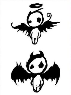 two black and white images of angels with wings