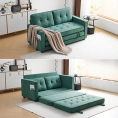 two pictures of a couch with a pull out bed in the middle and an ottoman on the other side