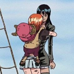 two anime characters hugging each other on a ship