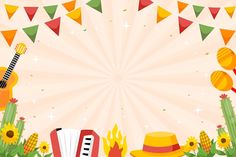 an accordion, hat, and other items on a pink background with bunting flags