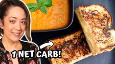 a woman is smiling next to some grilled cheese and carrots with the words net carb above her